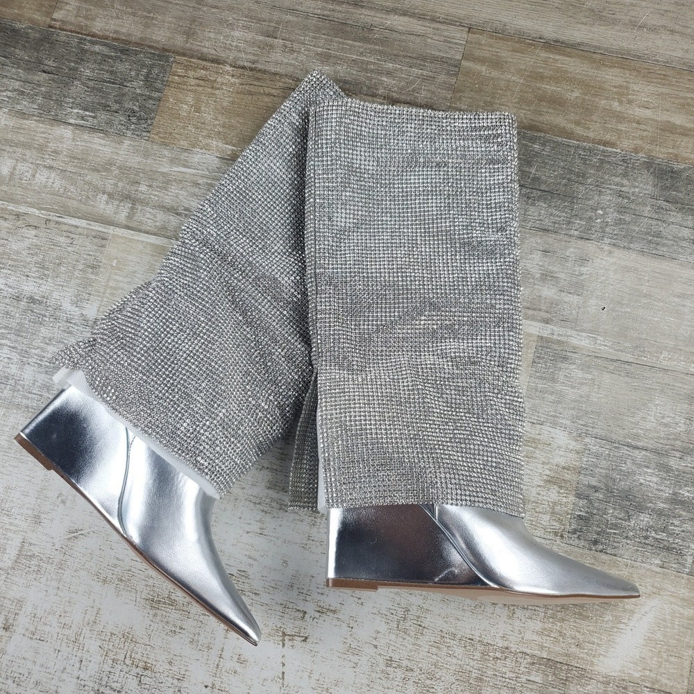 Steve Madden Riski Womens Knee High Boot Sz 6.5 M Silver Glass Metal Pointed Toe